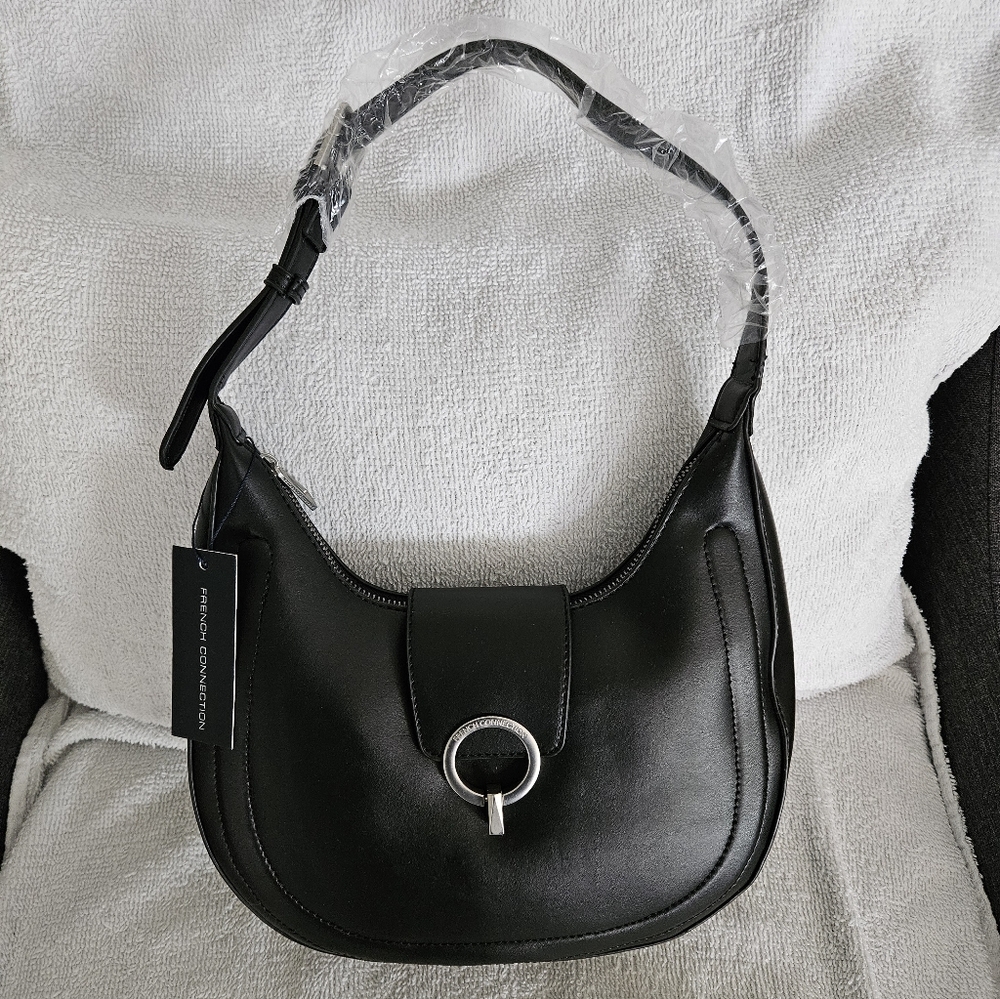 French Connection Charm Ring Closure Faux Leather Hobo Bag